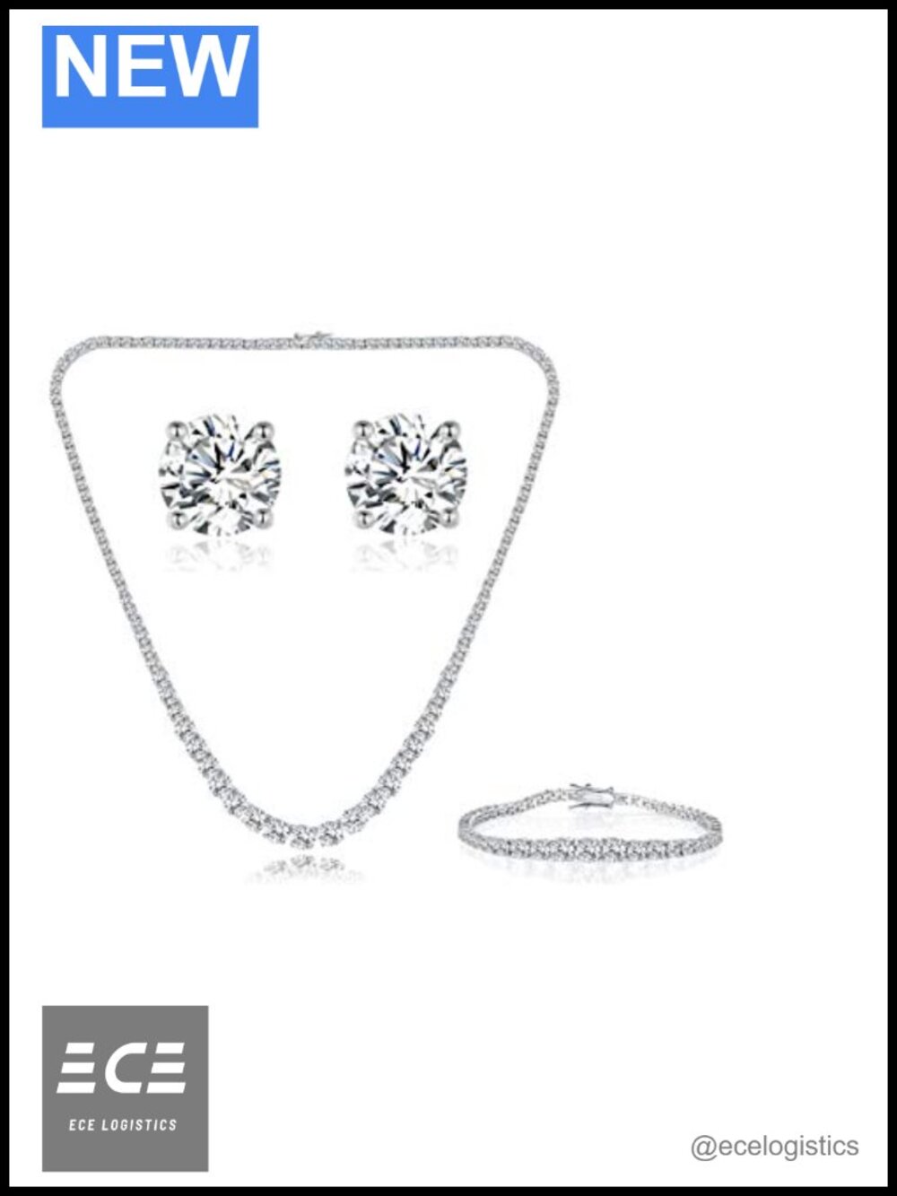 18K White Gold Plated Tennis Set Necklace Bracelet Earrings Cubic Zirconia